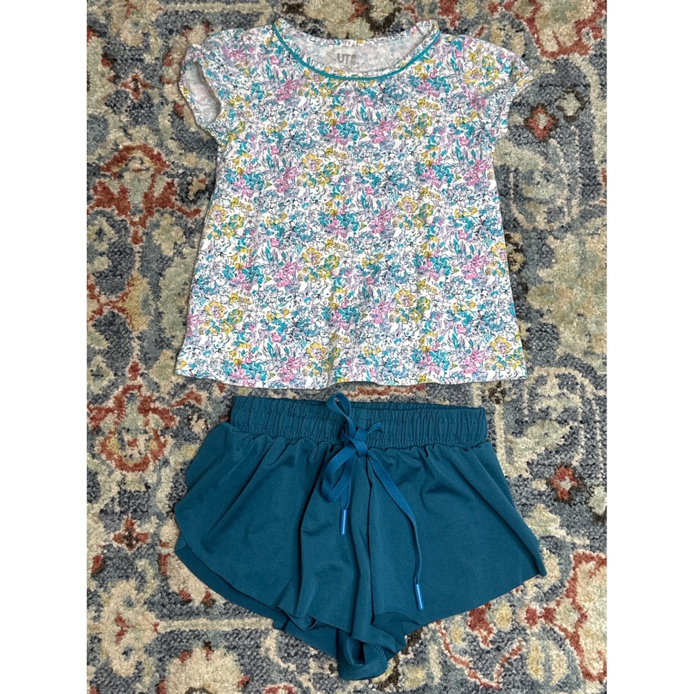 Uniqlo (110) Liberty London Top Girls XS Teal Shorts Outfit Fits Like 4/5